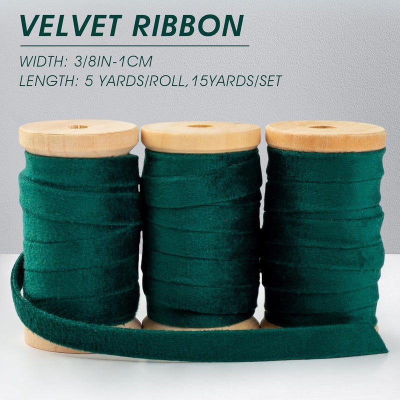 Garbendy Green Velvet Ribbon Set 3/8" Wide 3 Rolls * 5Yd Wooden Spool Fabric Trim for Christmas Decoration Handmade Craft Ornaments Gift Wrapping Decoration Party Wedding Arts Crafts - Image 2